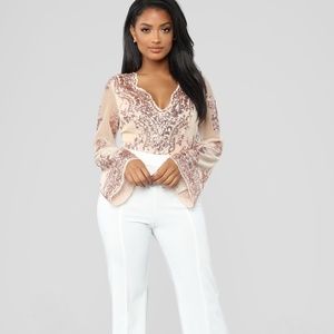 Fashion Nova Sequin Bell Sleeve Mesh Bodysuit M